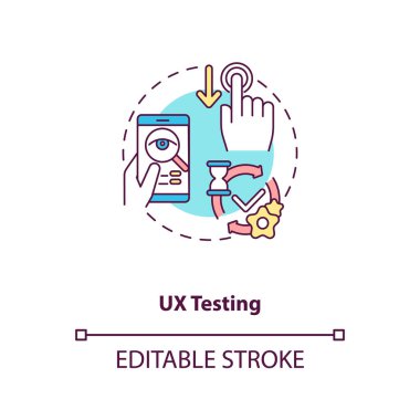 UX test konsepti simgesi. Uygulama test bileşenleri. Kullanıcılar için oluşturduğunuz proje oluşturma konusunda harika bir kullanıcı deneyimi ince çizgi çizimi. Vektör izole edilmiş RGB renk çizimi. Düzenlenebilir vuruş