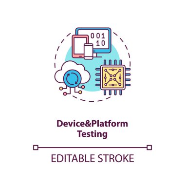 Aygıt ve platform test konsepti simgesi. Uygulama test bileşenleri. Proje prodüksiyon fikrine hazır mı kontrol ediliyor ince çizgi çizimi. Vektör izole edilmiş RGB renk çizimi. Düzenlenebilir vuruş