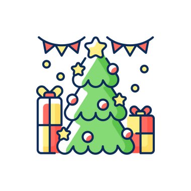 Noel ağacı RGB renk simgesi. Xmas ışıkları. Yeni yıl süsü. Bayramlık hediyeler. Hediye kutuları. Tatil kutlaması. Çelenk zinciri. Süslü yıldız. İzole vektör illüstrasyonu