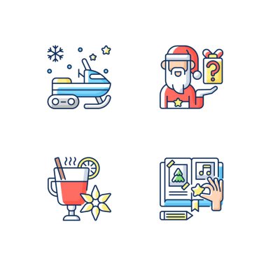 Noel zamanı RGB renk simgeleri ayarlandı. Sıcak şarap. Gizli Noel Baba geleneği. Kar arabası gezisi. DIY hatıra defteri. Kış tatili Yeni yıl kutlaması. İzole vektör çizimleri