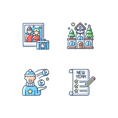 Festival sezonu etkinliği RGB renk simgeleri ayarlandı. Kartopu savaşı. Noel evi dekorasyonu. Kış fotoğrafçılığı. Yeni yıl kararı. Tatil aktiviteleri. Tatil eğlencesi. İzole vektör çizimleri