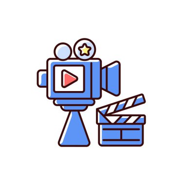 Sinema endüstrisi RGB renk simgesi. Sinema endüstrisi. Film yapımcılığı. Film yapım şirketleri. Gişenin geliri. Sinematografi, animasyon. Sanat sektörü. İzole vektör illüstrasyonu