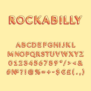 Rockabilly vintage 3d vektör alfabesi. Retro kalın yazı tipi, yazı tipi. Pop sanatının stilize harfleri. Eski usul harfler, sayılar, semboller. 90 'lar, 80' ler yaratıcı yazı tipi tasarım şablonu