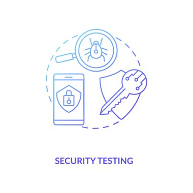 Güvenlik testi konsepti ikonu. Uygulama test bileşenleri. Virüsleri hacklemek ve tehlikeli enjeksiyonları kodlama fikri ince çizgili resimleme için kontrol ediliyor. Vektör izole edilmiş RGB renk çizimi