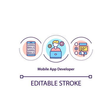 Mobil uygulama geliştirici konsepti simgesi. Yazılım mühendisi. Uygulamalar oluşturun. Programcı fikri ince çizgi çizimi. Vektör izole edilmiş RGB renk çizimi. Düzenlenebilir vuruş.