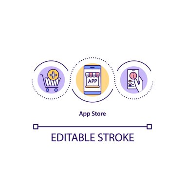 Uygulama mağazası konsepti simgesi. Keşfedilecek ve indirilecek bir yer. Donanım ve yazılım fikri ince çizgi illüstrasyonu yükle. Vektör izole edilmiş RGB renk çizimi. Düzenlenebilir vuruş.
