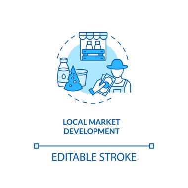 Yerel pazar geliştirme turkuvaz konsept simgesi. Çiftçi inek sütü satıyor. Mandıra endüstrisi ve peynir üretimi ince çizgi çizimi fikri. Vektör izole edilmiş RGB renk çizimi. Düzenlenebilir vuruş