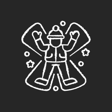 Siyah arka planda kar meleği beyaz tebeşir ikonu. Kış eğlencesi Çocuklar için mevsimlik eğlence. Noel kutlaması. Çocuklar bayramlarda oynarlar. İzole edilmiş vektör karatahta çizimi