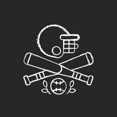 Siyah arkaplanda beyaz beyzbol tebeşiri simgesi. Yarasa ve top oyunu. Spor katılımı. Vuruş ve saha. Beyzbol topu. Atıcı ve yakalayıcı. Keser ve kaçar. İzole edilmiş vektör karatahta çizimi