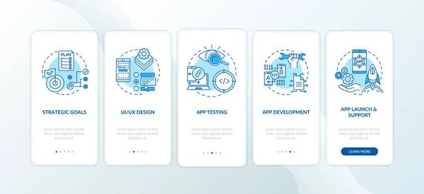 Processo Desenvolvimento Aplicativos Móveis Onboarding Tela Página Aplicativo Móvel Com —  Vetores de Stock