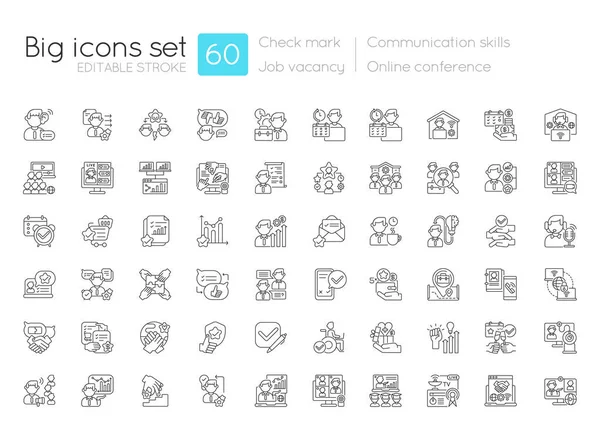 Communication Skills Linear Icons Set Online Conference Teamwork Management Job — Stock Vector