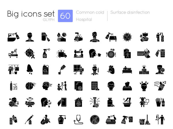 Hospital black glyph icons set on white space. Sanitizing routine. Common cold symptoms. Virus protection. Protective measures. Silhouette symbols. Vector isolated illustration