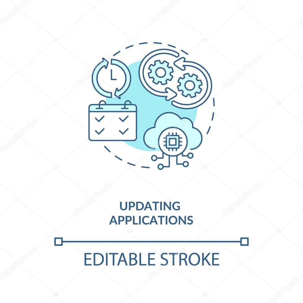 Updating applications concept icon. App developer skills. Creating new functionaolity and making updates idea thin line illustration. Vector isolated outline RGB color drawing. Editable stroke