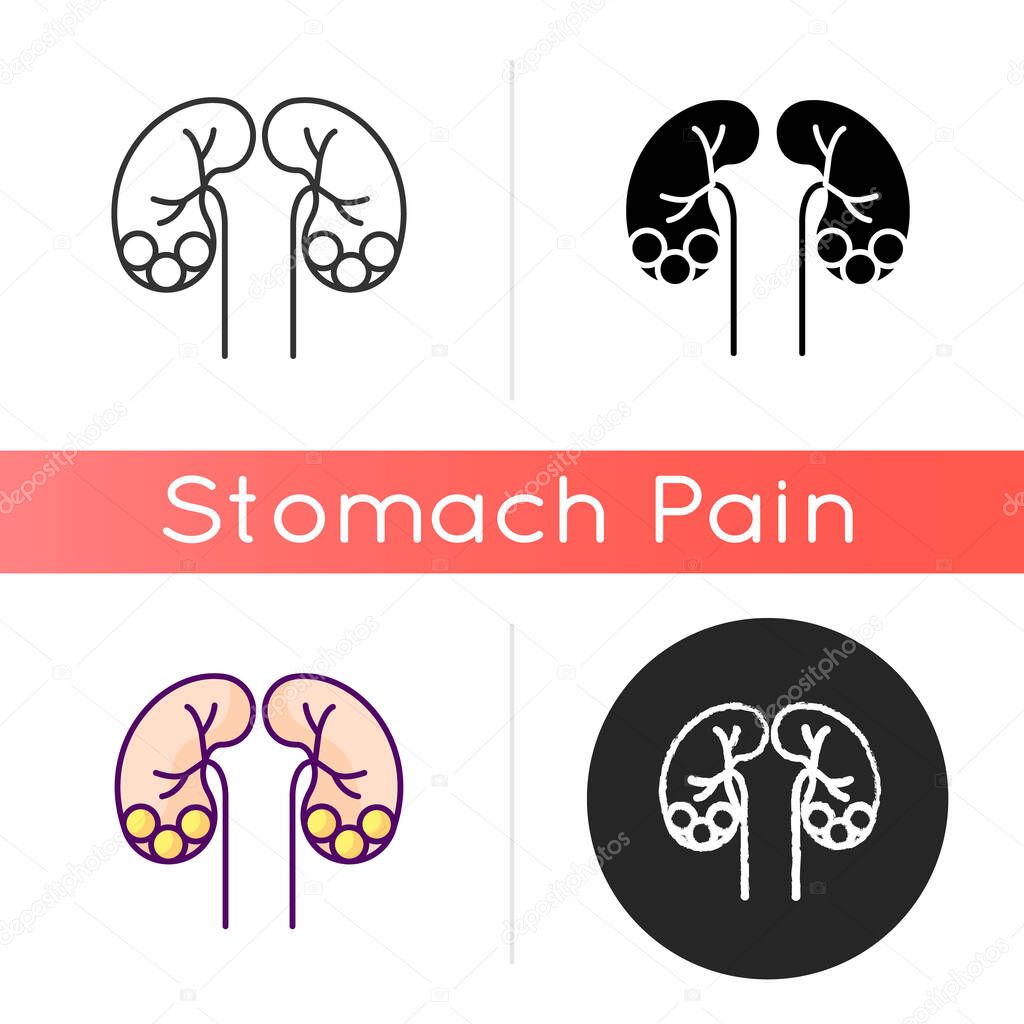Kidney stone disease icon. Dissolved minerals and salts. Urolithiasis. Blocked ureter. Waste products in blood. Kidney infection. Linear black and RGB color styles. Isolated vector illustrations