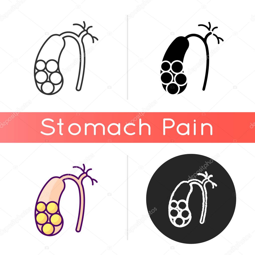 Gallstones icon. Cholelithiasis. Hardened bile deposits. Solid material in gallbladder. Digestive discomfort. Abdominal pain. Linear black and RGB color styles. Isolated vector illustrations