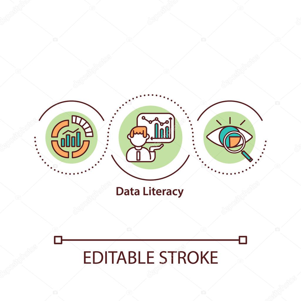 Data literacy concept icon. Analyze and communicate with data. Derive information idea thin line illustration. Vector isolated outline RGB color drawing. Editable stroke.