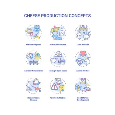 Mandıra endüstrisi konsept simgeleri. Çiftlik hayvanları. Çiftlik ürünleri. İnek sütü. Peynir üretimi fikri ince çizgi RGB renk çizimleri. Vektör izole çizimler. Düzenlenebilir vuruş