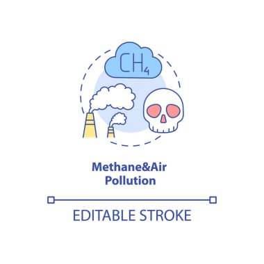 Metan ve hava kirliliği konsepti ikonu. Fabrikadan kimyasal emisyon. Zehirli duman. Ağır endüstriyel üretim fikri ince çizgi çizimi. Vektör izole edilmiş RGB renk çizimi. Düzenlenebilir vuruş