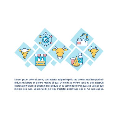 Yazılı mandıra sanayisi konsepti. Süt üreten hayvanlar. Fabrika imalatı. Keçi, koyun, inek. PPT sayfa vektör şablonu. Broşür, dergi, kitapçık tasarım ögesi doğrusal çizimler