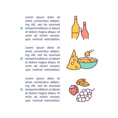 Gurme peynirin konsept simgesi ve metin. Fondü. Üzüm, badem, böğürtlen. Peynir ve şarap eşleşmesi. PPT sayfa vektör şablonu. Broşür, dergi, kitapçık tasarım ögesi doğrusal çizimler