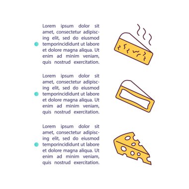 Metinli peynir türü konsept simgesi. Süt bazlı gıda. Çedar, parmesan, gouda. Laktozsuz çeşitleri var. PPT sayfa vektör şablonu. Broşür, dergi, kitapçık tasarım ögesi doğrusal çizimler