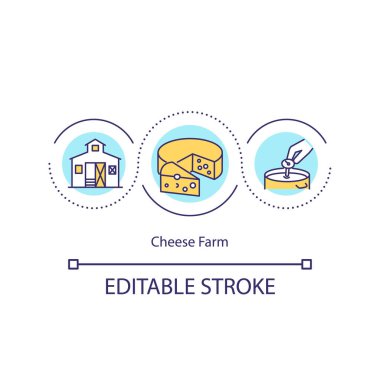 Peynir çiftliği konsepti ikonu. Peynir yapma ekipmanı fikri ince çizgi çizimi. Geleneksel çiftlik evi üretimi. Dondurma işlemi. Vektör izole edilmiş RGB renk çizimi. Düzenlenebilir vuruş