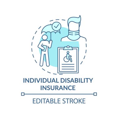 Bireysel sakatlık sigortası konsepti ikonu. Engelli sigortası tipleri. Hastalıktan sonra sağlık yardımı almak ince bir çizgi çizimi. Vektör izole edilmiş RGB renk çizimi. Düzenlenebilir vuruş
