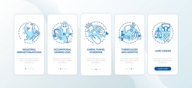 Gezici uygulama sayfasında konseptlerle birlikte mesleki hastalık. Mesleki işitme kaybı. 5 adımlık grafik talimatlar. RGB renk resimleriyle UI vektör şablonu