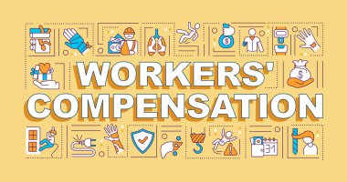 Workers compensation word concepts banner. On-the-job injury. Infographics with linear icons on orange background. Isolated typography. Vector outline RGB color illustration clipart