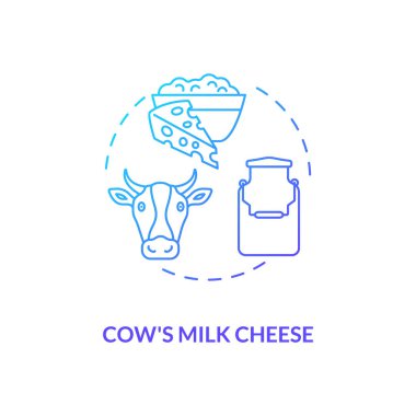 İnek sütlü peynir üretimi mavi gradyan konsept ikonu. Laktoz ürünü üretiyorum. Organik tarım yiyeceği. Mandıra endüstrisi ince çizgi çizimi. Vektör izole edilmiş RGB renk çizimi