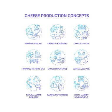 Süt endüstrisi mavi gradyan konsept simgeleri ayarlandı. Çiftlik hayvanları. Çiftlik ürünleri. İnek sütü. Peynir üretimi fikri ince çizgi RGB renk çizimleri. Vektör izole çizimleri
