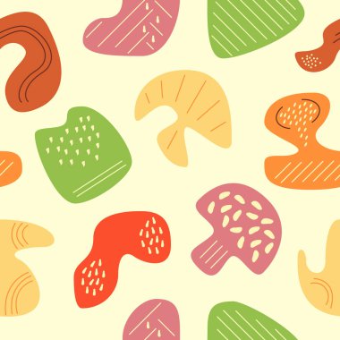 Kurumuş renkli mantarlar soyut, dikişsiz desenler. Sonbahar sezonu. Geometrik düz vektör şekilleri. Çizgi film renkli simgelerle sonbahar dokusunda yiyecek aramak. Grafik elementli dekoratif boho tasarımı