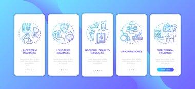 Mobil uygulama sayfasında konseptlerle birlikte engelli sigorta tipleri var. Grup sigorta araştırması. 5 aşamalı grafik talimatlar. RGB renk resimleriyle UI vektör şablonu