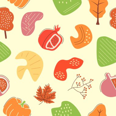 Sonbahar cömertliği soyut, kusursuz desen. Balkabağı, nar, incir. Geometrik düz vektör şekilleri. Çizgi film renkli simgelerle kurumuş orman mantarları dokusu. Grafik elementli dekoratif boho tasarımı