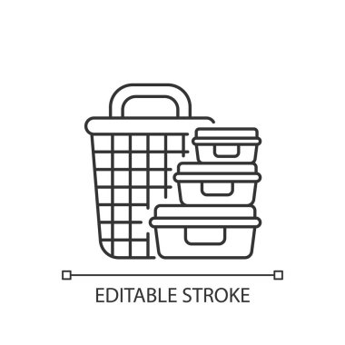 Depolama konteynırları doğrusal simgesi. Kutular, engeller, çekmeceler. Organizasyon. Çamaşır sepeti. İnce çizgi özelleştirilebilir illüstrasyon. Contour sembolü. Vektör izole çizim. Düzenlenebilir vuruş