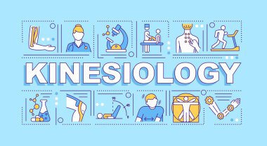 Kineziyoloji kelimesi sancak kavramını içerir. Kas kontrolü. Hareket bozuklukları. Rehabilitasyon. Mavi arkaplanda doğrusal simgeleri olan bilgi grafikleri. İzole tipografi. Vektör çizgisi RGB renk çizimi