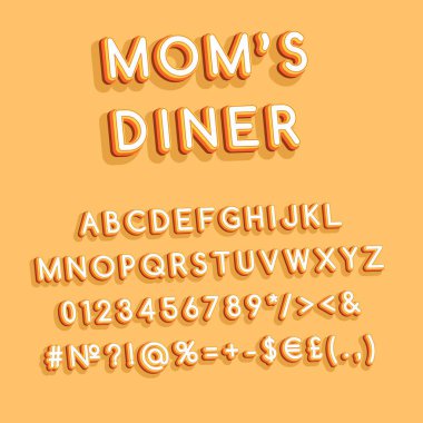 Annelerin yemek klasiği 3D vektör alfabesi. Retro kalın yazı tipi, yazı tipi. Pop sanatının stilize harfleri. Eski usul harfler, sayılar, semboller. 90 'lar, 80' ler yaratıcı yazı tipi tasarım şablonu