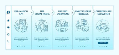 Uygulama pazarlama ipuçları vektör şablonunda. Paralı kampanyaları kullan. Kullanıcıların geri bildirim deneyimlerini analiz et. Simgeli ilgili mobil web sitesi. Web sayfası basamak ekranları. RGB renk kavramı