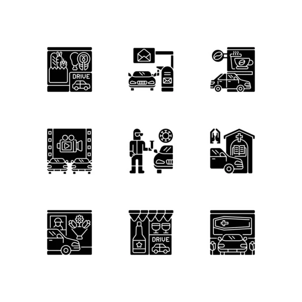 서비스중에는 아이콘이 공간에 설정되어 있습니다 식료품 운전자용 커피숍 자동차를 영화관 — 스톡 벡터