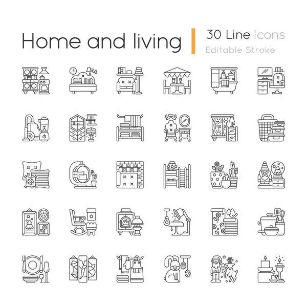 家庭和生活线性图标设置 家居装饰 当代风格 厨房用具 家用纺织品 可定制的细线轮廓符号 孤立的矢量轮廓图解 可编辑笔划 — 图库矢量图片