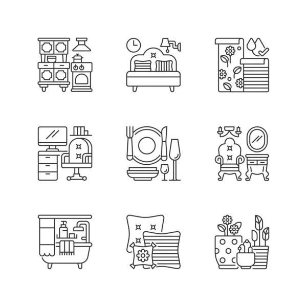 Home Furnishing Linear Icons Set Kitchen Appliances Bedroom Furniture Wallpapers — Stock Vector