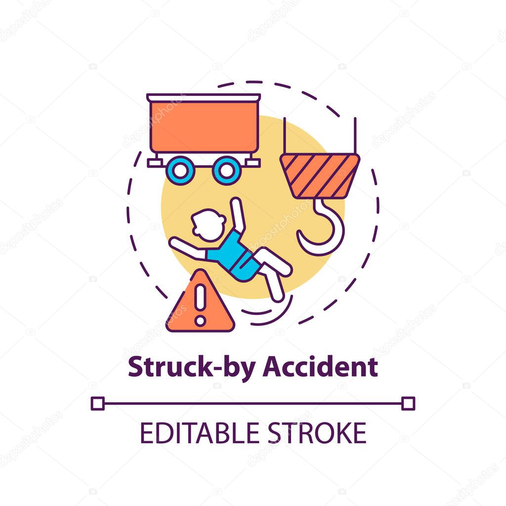 Struck by accident concept icon. Work related injuries. Dangerous things on working place. Hit by big machine idea thin line illustration. Vector isolated outline RGB color drawing. Editable stroke