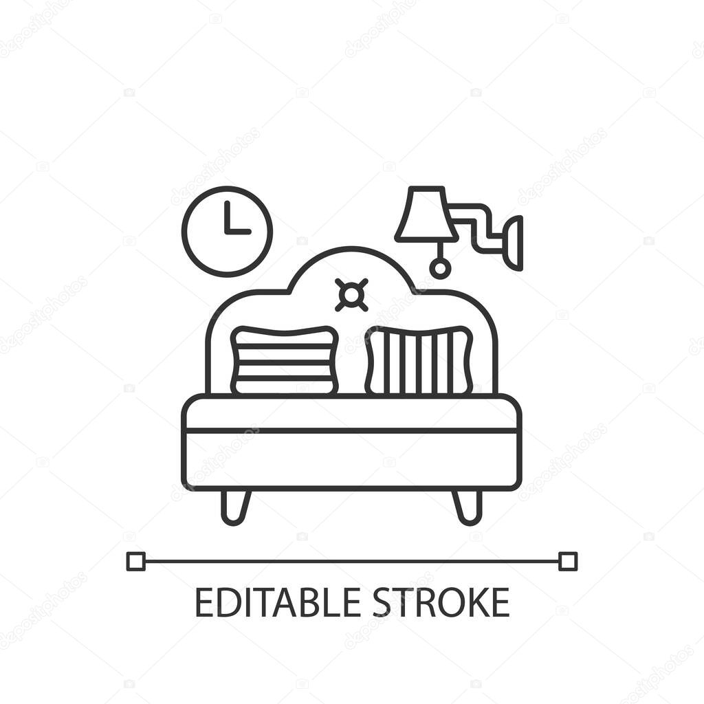 Bedroom furniture linear icon. Bedding. Home furnishings. Bed and mattress. Interior design. Thin line customizable illustration. Contour symbol. Vector isolated outline drawing. Editable stroke