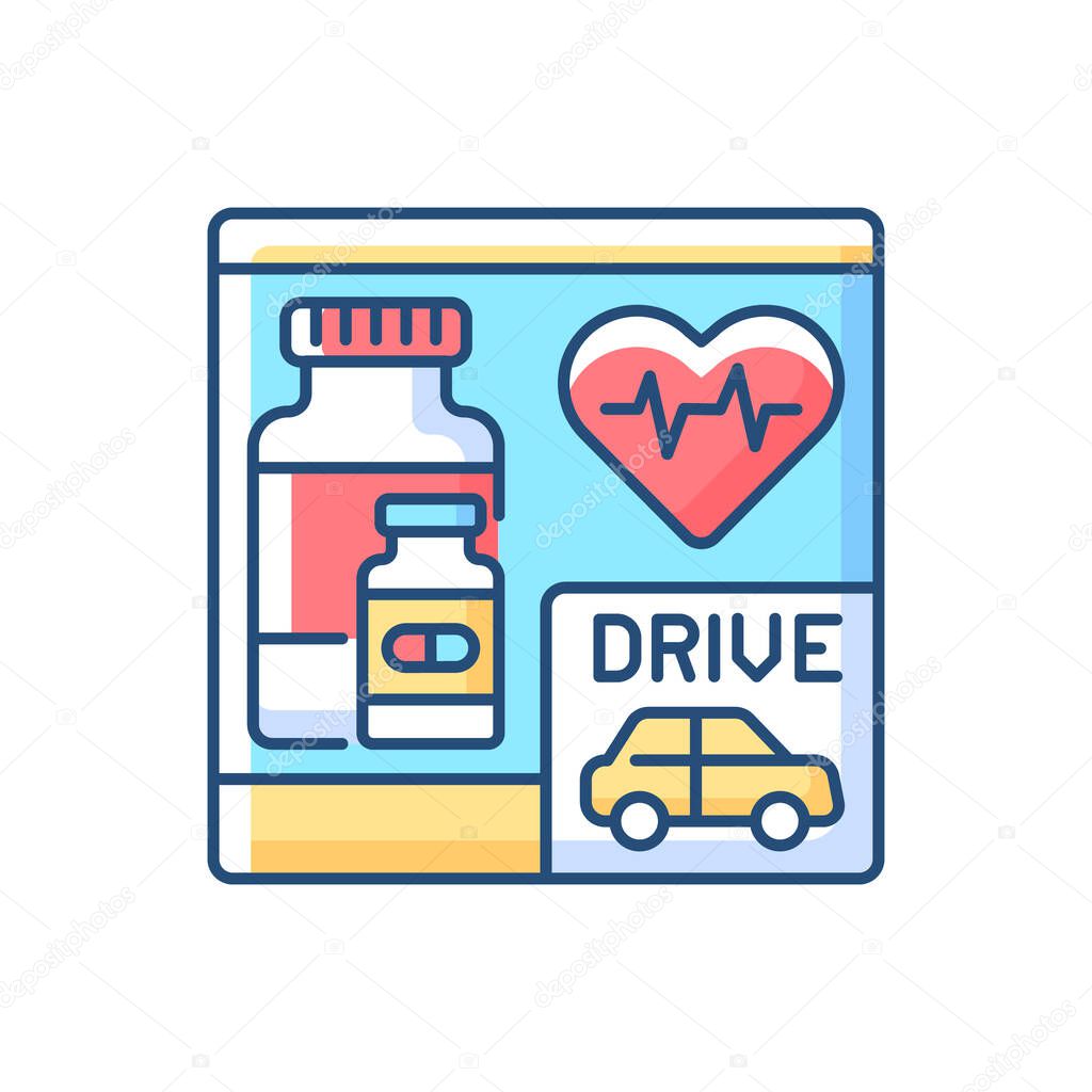 Drive through pharmacy RGB color icon. Express drugstore. Medication store with transport lane. Car near medical shop. Medical assistance. First aid support. Isolated vector illustration