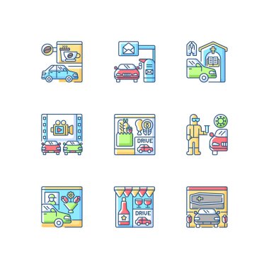 RGB renk simgeleri ayarlı servislerde kullan. Market alışverişi. Şoför için posta kutusu. Kahve dükkânı siparişi. Paket servis içeceğiz. Otomobil sineması. Kapsamlı test. Yemek hazır. İzole vektör çizimleri