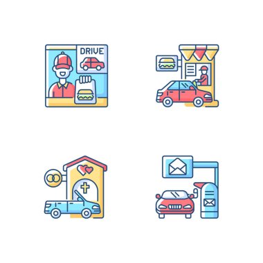 RGB renk simgelerinden geçen araç sürücüsü. Fast food servisi. Paket servis için hamburger. Restoran penceresi. Düğün şapeli. Şoför için uygun posta kutusu. İzole vektör çizimleri
