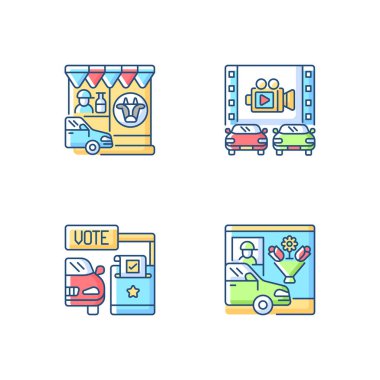 RGB renk simgeleri ayarlı servislerde kullan. Süt ürünleri dükkanı. Süt süpermarketi. Sinema salonu. Yemek hazır. İçkiler benden. Oylama kabini. Çiçekçi. Şeritten geç. İzole vektör çizimleri