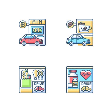 Araba RGB renk simgeleri ile çalışıyor. ATM terminali. Banka servisi. Eczane. Uygun bir eczane. Paket servis için market yemeği. Kahve dükkanından aldım. İzole vektör çizimleri