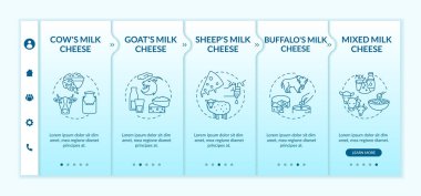 Peynir üretimi vektör şablonunda. Süt endüstrisi. Çiftlik gıdası üretimi. Laktoz ürünü. Simgeli ilgili mobil web sitesi. Web sayfası basamak ekranları. RGB renk kavramı