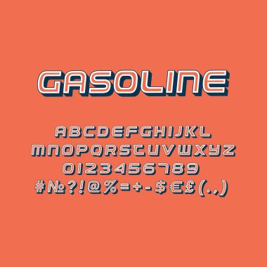 Gasoline vintage 3d vector alphabet set. Retro bold font, typeface. Pop art stylized lettering. Old school style letters, numbers, symbols pack. 90s, 80s creative typeset design template clipart